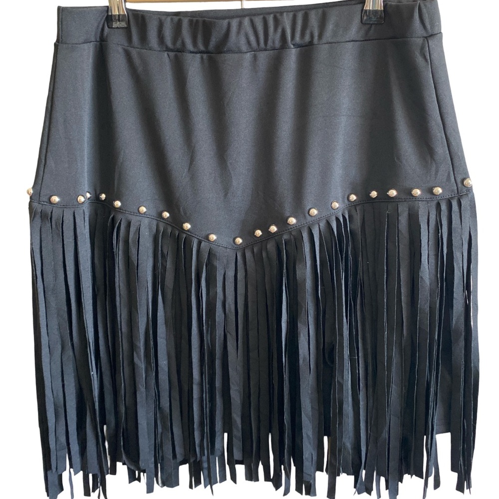 Black Fringe Stud Mini Skirt Festival‎ Western Boho Silver Studs Stretch 2XL